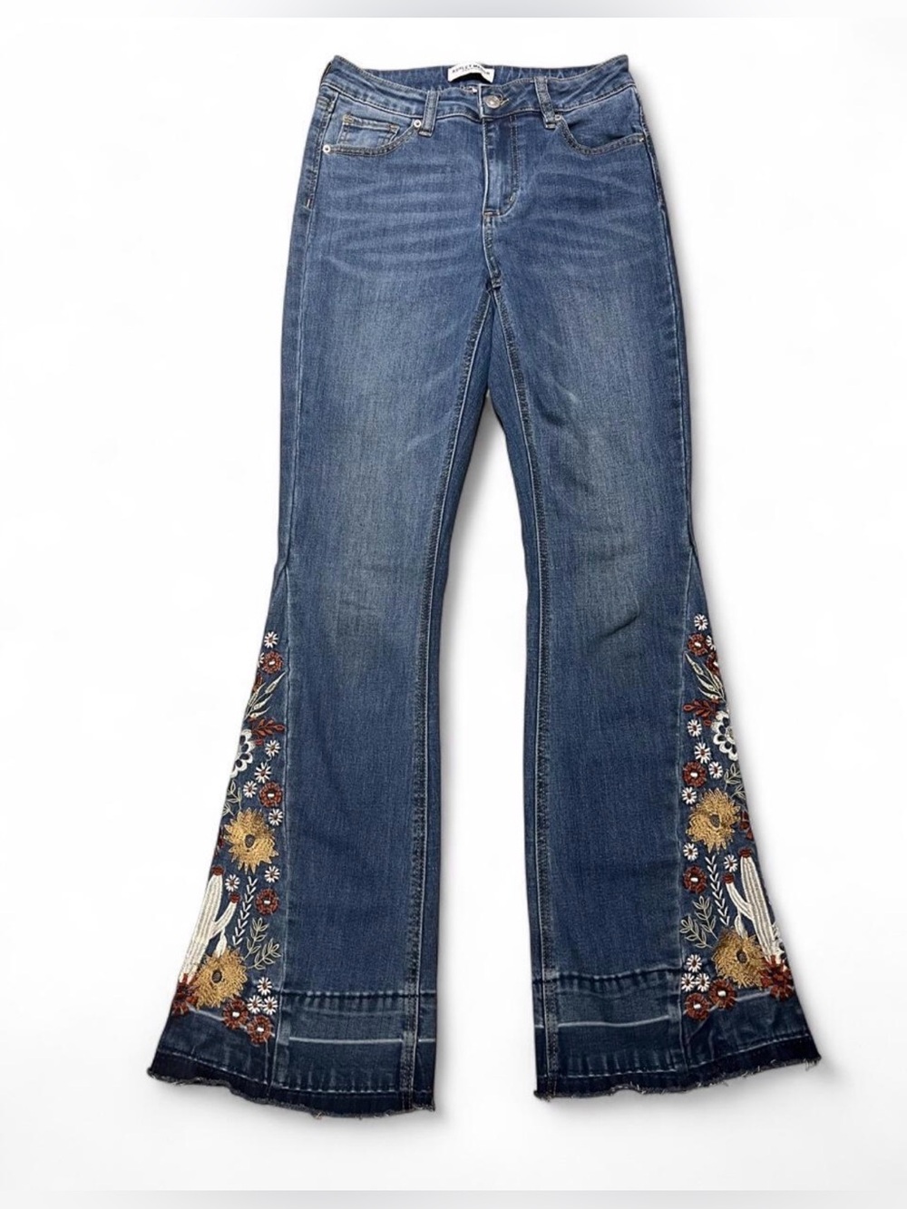 Ashley Mason Premium Embroidered Flare Jeans 5/27 Floral Cactus Boho Raw Hem 70s
